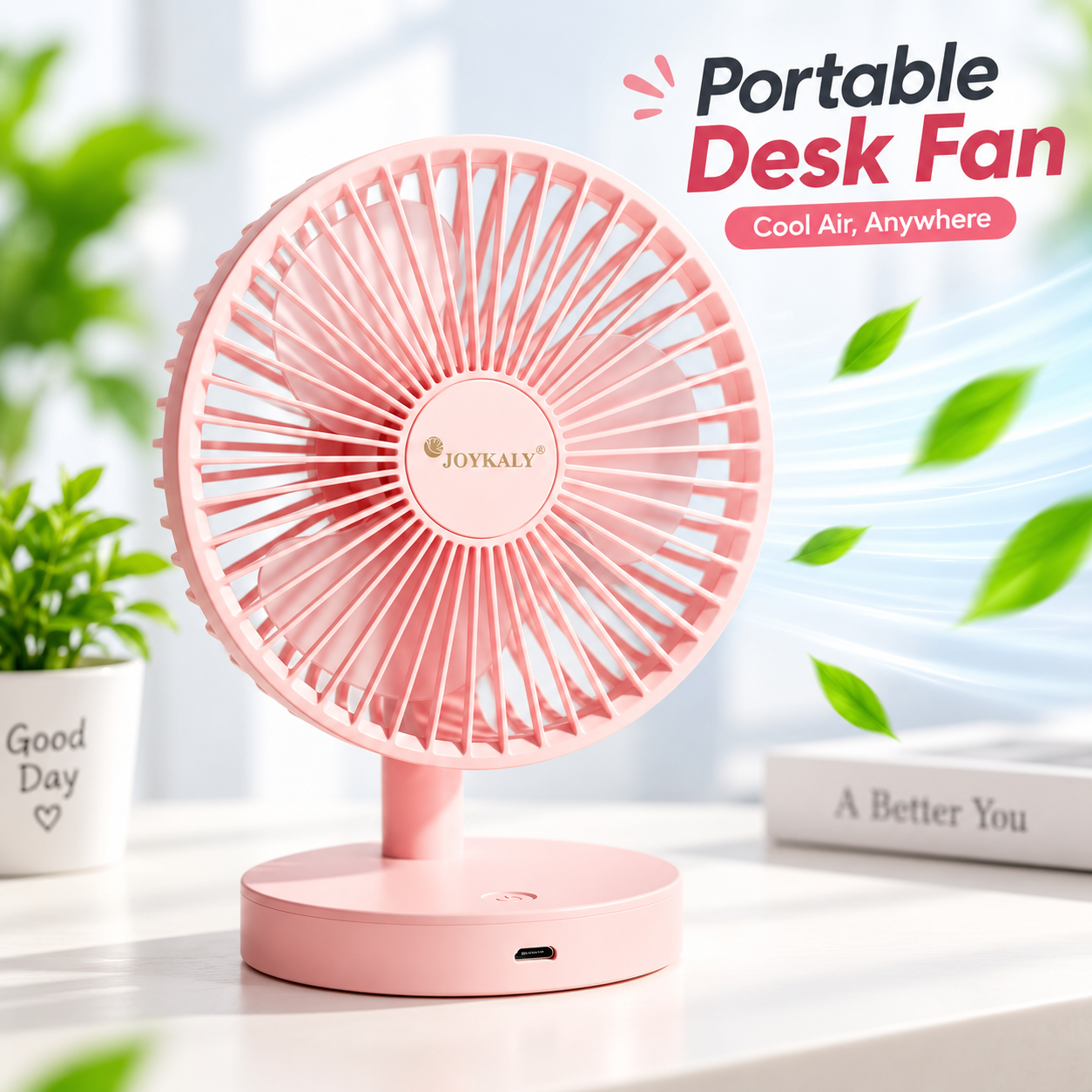 Joykaly YG-735 Rechargeable Portable Desk Fan – 2400mAh Lithium Battery, 3-8 Hours Backup, 90° Adjustable Angle, 3-Blade Cooling Fan for Home & Office